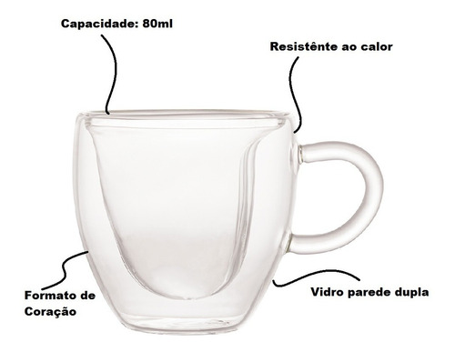 Imagem 4 de 5 de Conjunto 02 Xícaras Coração Café Dupla Parede De Vidro 80ml