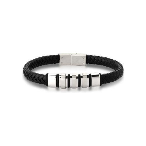 Pulseira Masculina Courino Preto Trançado E Stoppers Em Aço