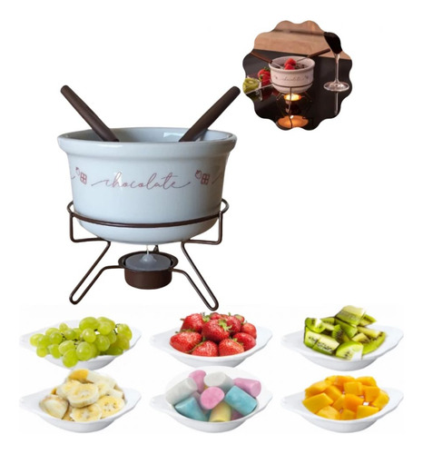 Conjunto Fondue Porcelana Chocolate Forma + 6 Tigelas Melami