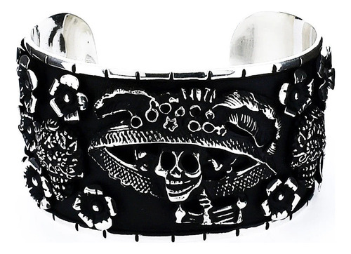 Brazalete De Plata 925 Oxidado De Catrina Con Flores Color Plateado Diámetro 6 Cm