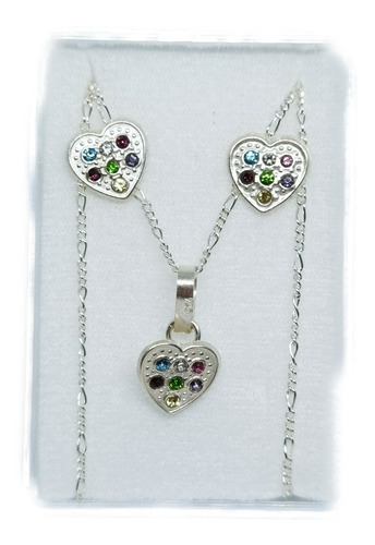 Collar De Corazon Zirconias Colors De Plata 925 +aretes Z3