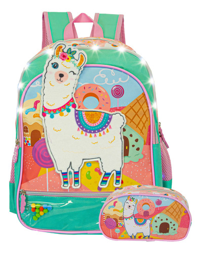 Mochila Escolar Con Luces Led + Cartuchera 16 Pulgadas Para Nenas Niñas Llama