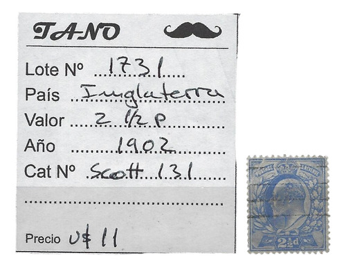 Lote1731 Inglaterra 2, 1/2 Pence Año 1902 Scott# 131