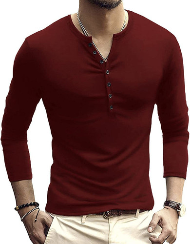 Playeras Hombre Camisa Henley De Manga Larga Liso Cuello V