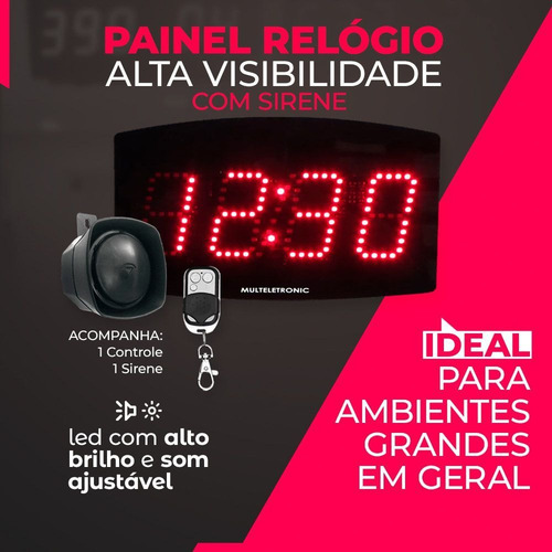 Kit Painel Relógio Led + Sirene Industrial Escola Empresa