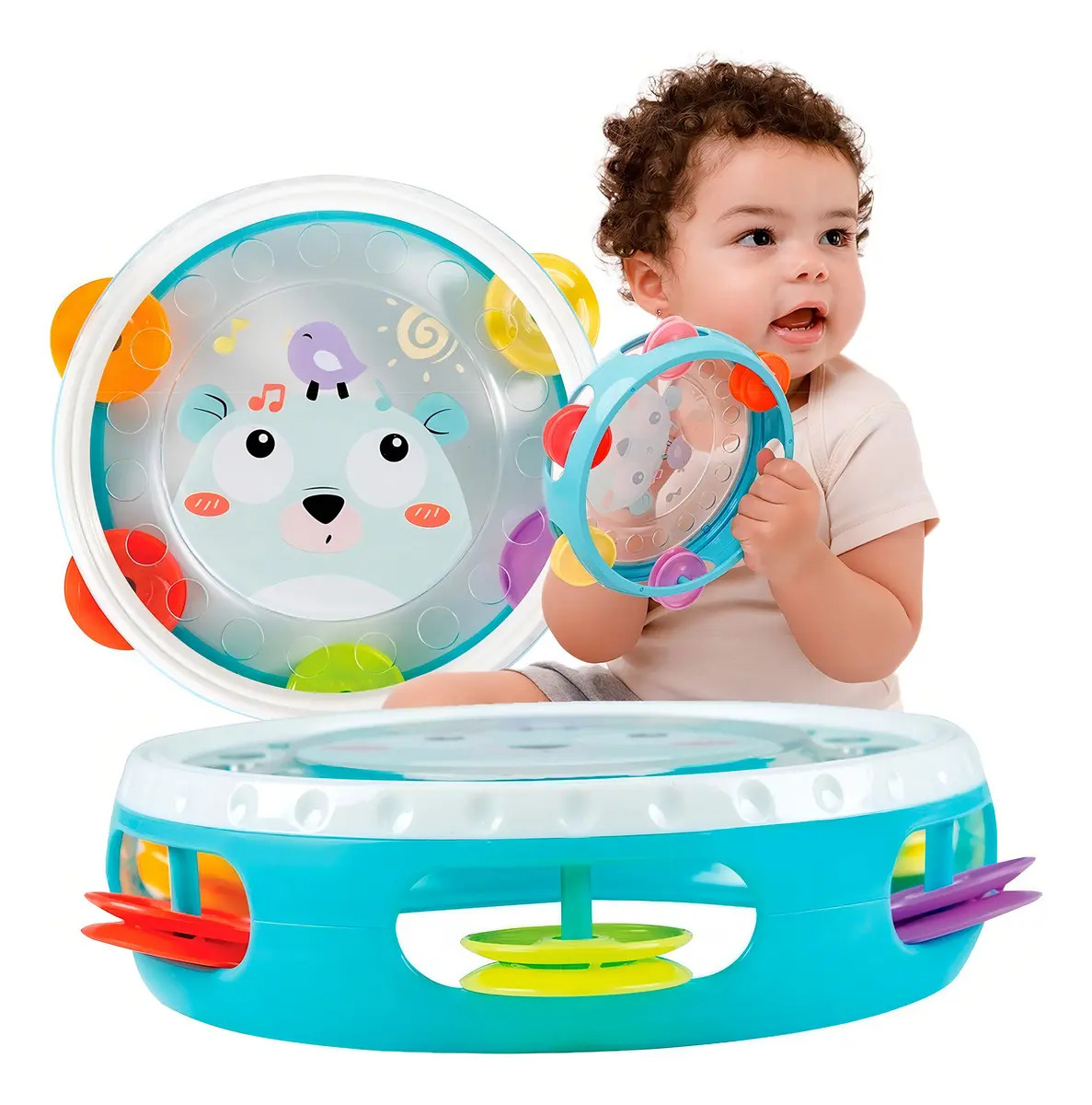 Brinquedo Infantil Musical Pandeiro Dino Buba Verde Meu Primeiro Pandeiro Com Sons Colorido Educativo Sensorial Para Bebe Criancas Coordenação Motora Diversao Segura Mimos Babys bu