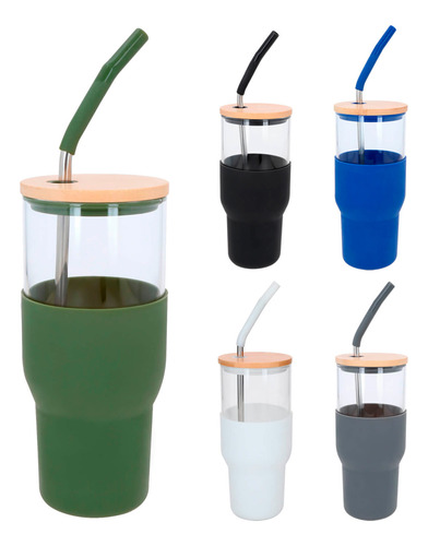 Cilindro 850 Ml De Vidrio Con Tapa De Bambú Y Popote