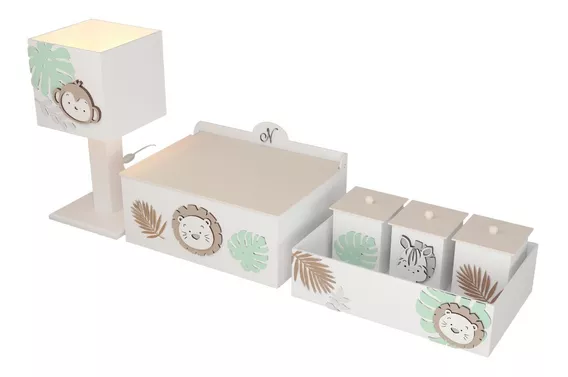 Kit Acessórios Higiene Selva Bebê Mdf Decorado 6 Peças Bege