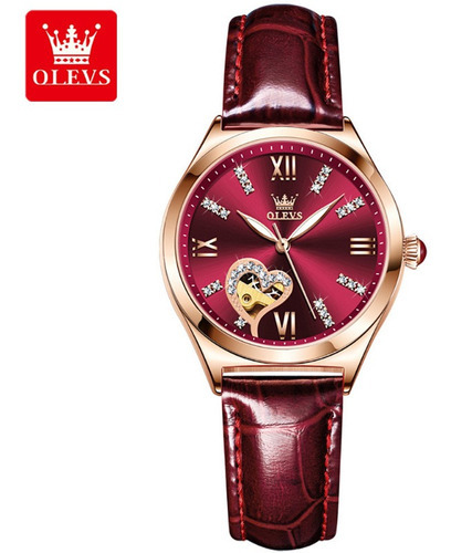 Reloj Mecánico De Cuero Para Mujer Olevs 6636 Color de la correa Wine red