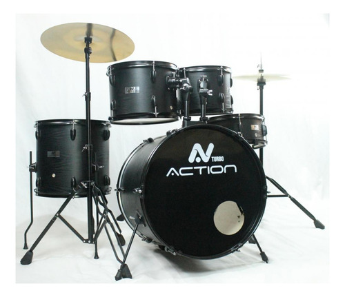 Bateria Acústica Turbo Action Black Completa Bumbo 22 Bk Cor Preta