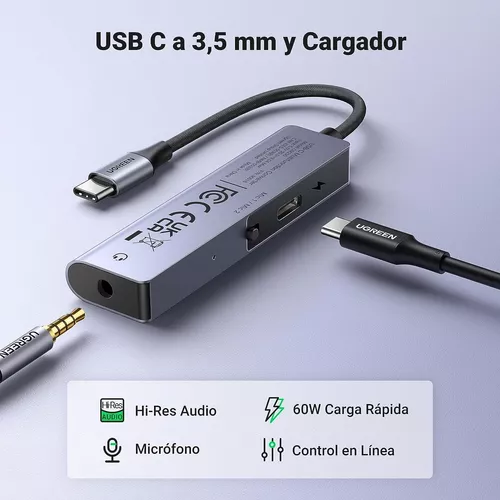 ADAPTADOR USB C A AUDIFONOS JACK 3.5 CON CARGA RAPIDA 60W