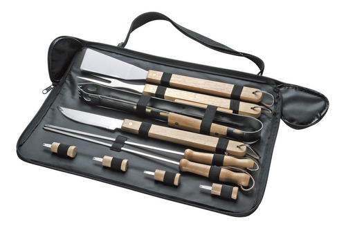 Set Kit Bbq Asado Parrilla 10 Piezas Espátula Metal, Estuche