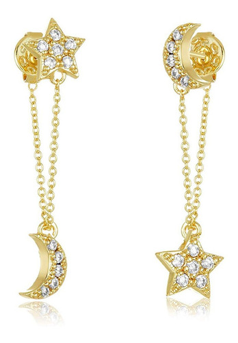 Aretes Dorados Con Cadena  Luna Y Estrella Plata De Ley