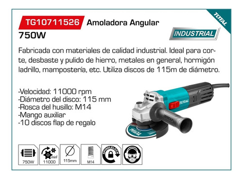 Imagen 8 de 10 de Amoladora Angular Total 750w Con 10 Discos Flap