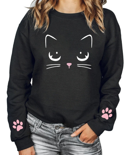 Poleron Gatito Gato Patitas Rosa Cuello Redondo Moda Mujer