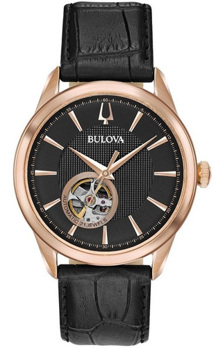 Reloj Bulova Automatic Open Heart 97a140 Color de la correa Negro Color del bisel Oro rosa Color del fondo Negro
