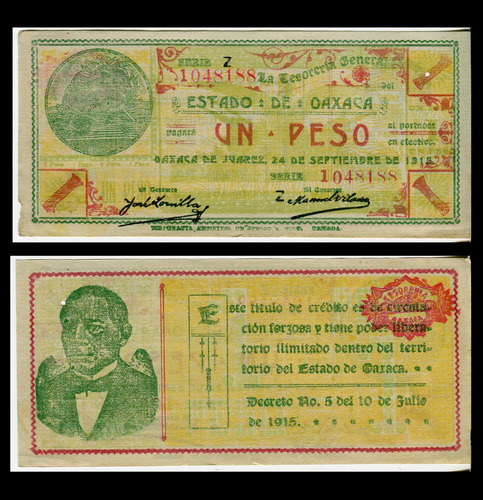 Billete 1 Peso Estado De Oaxaca Juárez Año 1915 (Usado)