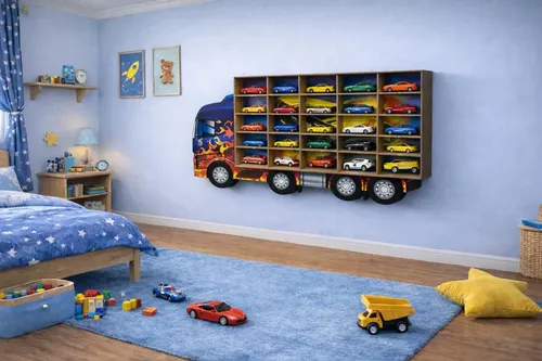 Caminhão organizador e expositor de carrinhos em MDF azul fixado na parede de um quarto infantil.