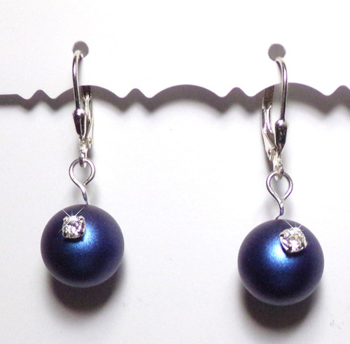 Aros Perla Dark Blue Plata Real Swarovski Elements.