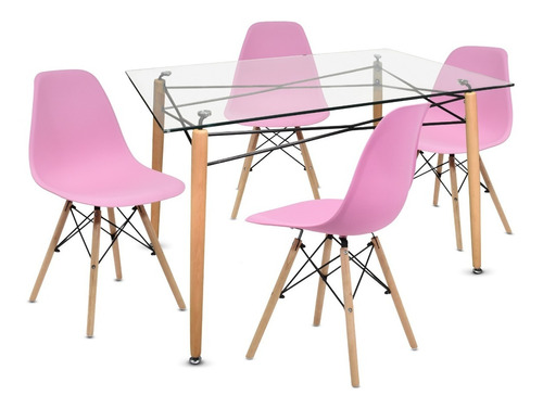 Comedor Moderno Eames Mesa Vidrio + 4 Sillas Color Rosa