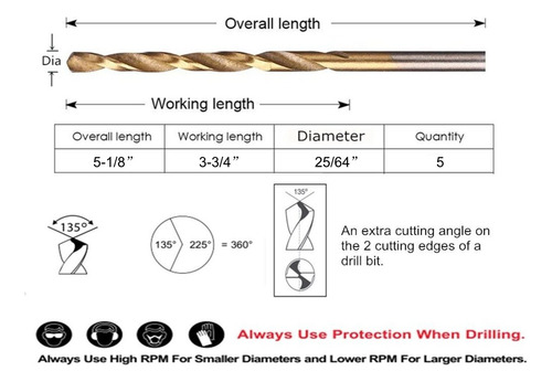 Brocas Drillforce 25/64 Titanio Hss 5 Piezas Longitud Jobber
