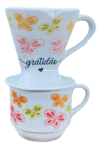 Coador De Café Em Porcelana + Xicara 200ml - Borboletas