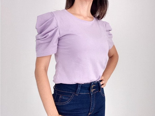Imagen 3 de 4 de Camiseta Blusa Mujer Manga Ancha Bombacha Lila Cuello Redond