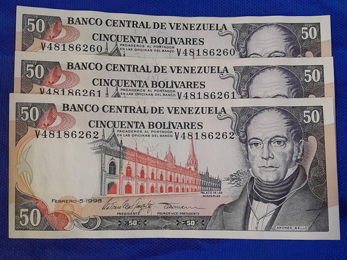 Lote De 3 Billetes Antiguos De Venezuela, 50 Bolivares Año