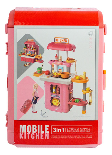 Cocinita Infantil 3 En 1 Cocina Y Maleta Luz, Sonido Y Agua Color Rosa