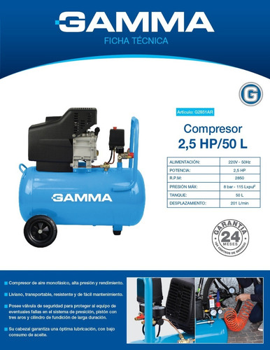 Imagen 2 de 7 de Compresor De Aire Eléctrico Gamma G2851ar 2,5 Hp 50 Litros