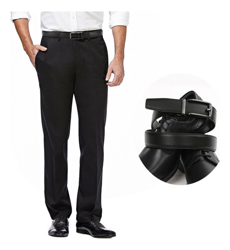 Cinturón Para Hombre Cinto Cuero Caballero Hebilla Ajustable Color Negro Diseño De La Tela Lisa Talla 125
