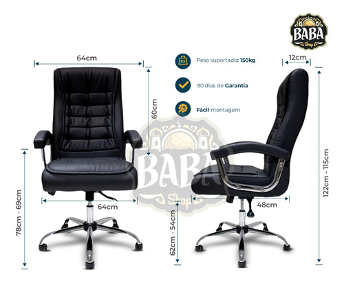 Cadeira Ergonômica de Escritório Presidente Executiva Big Com 42 Molas Ensacadas, Pillow Top no Assento e Encosto, Sistema Relax Com Trava, Suporta até 150kg Preta
