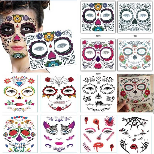 12 Tatuajes Temporales Catrina Halloween Disfraz Dia Muertos Color Surtidos