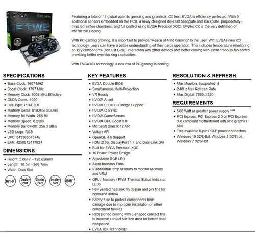 Tarjeta Gráfica Evga Geforce Gtx 1070 Ftw2 Gaming 8gb Gddr5