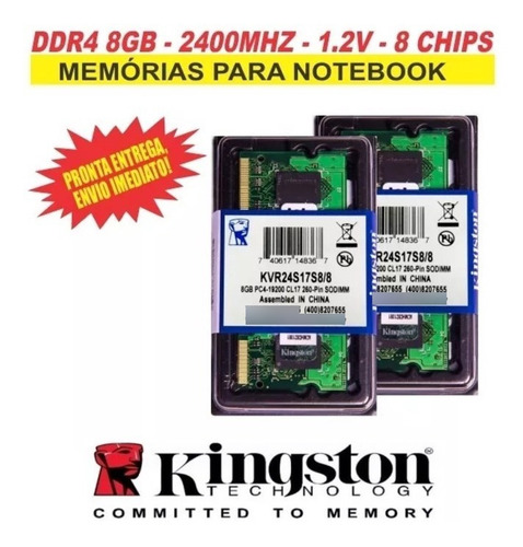 Memória Kingston Ddr4 8gb 2400 Mhz Notebook Kit C/100 Unid