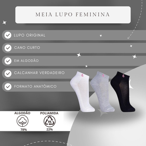Kit 3 Pares De Meia Algodão Cano Curta Feminina Lupo 3226