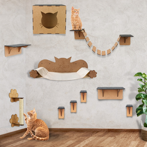 Parquinho Suspenso Para Gatos Playground com Rede Degraus Nicho Prateleira e Arranhador Cor Mdf Crú Boxfan com 10 Peças