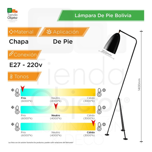 Imagen 3 de 10 de Lampara De Pie Bolivia Con Lampara Led 14w 15w E27 140cm
