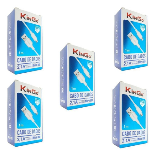 Kit 5 Cabos Usb V8 Branco Kingo 1m 2.1a Para Moto E7 Plus