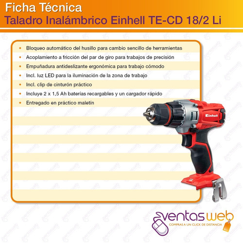 Imagen 6 de 7 de Taladro Atornillador Inalambrico Einhell 2 Baterias + Puntas