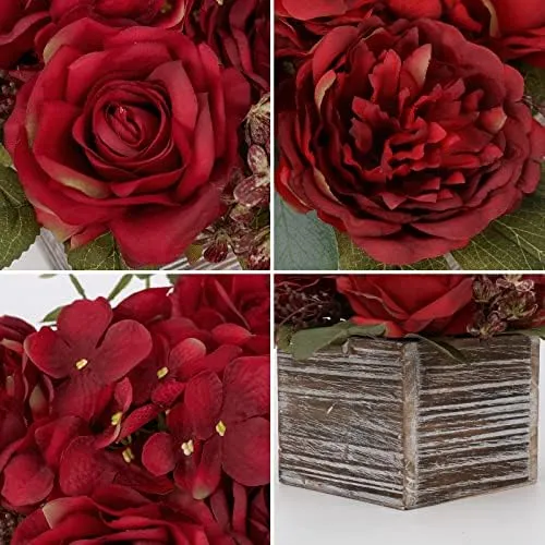 Arreglo Floral Con Jarrón De Madera, 8 Flores Artificiales E