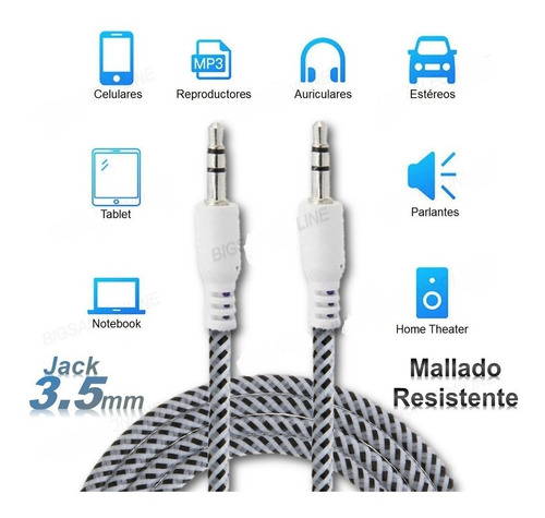 Imagen 3 de 5 de Cable Auxiliar Audio Mini Plug 3,5 Mm 3 Metros Mallado Largo
