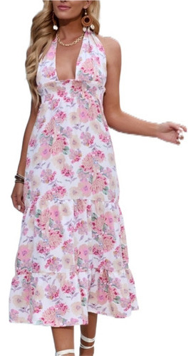 Vestido Verano Mujer Floral Cuello Halter Escotado Detrás