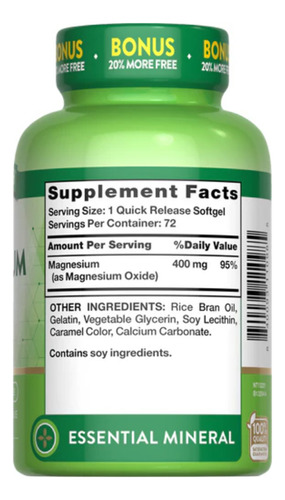 Nature's Truth Suplemento de Magnesio - 400 Mg por cápsula - 72 Cápsulas Blandas para 2 meses