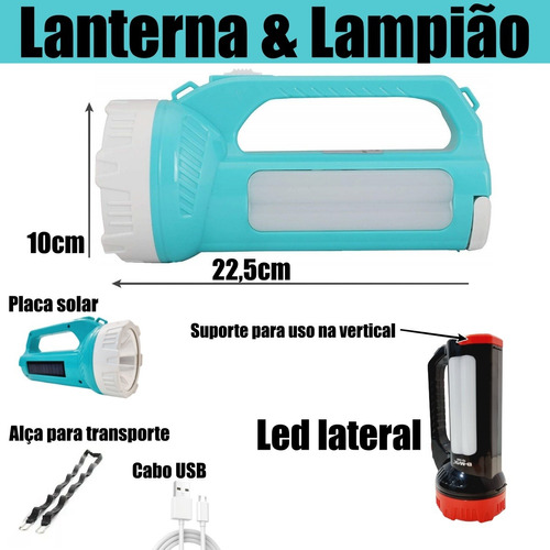 Lanterna Holofote Super Potente Led Recarregavel Usb E Solar Cor da lanterna Azul Cor da luz Branco