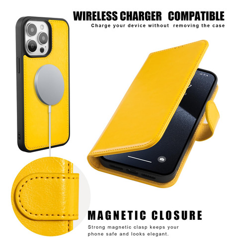 Funda Para iPhone 15 Pro Max Cartera Desmontable En Amarillo