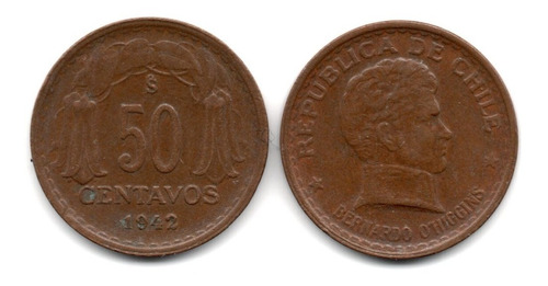 Chile Moneda 50 Centavos Año 1942 Km#178 Escasa