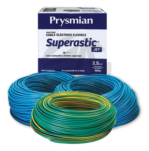 Cable Unipolar Prysmian 2.5mm X2 Celeste + X1 V/a X100mts Ea