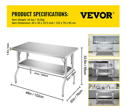 Vevor Folding Work Prep Table Stainless Steel With Under Oah