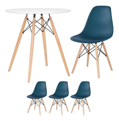 Kit Mesa Jantar Eames Wood 70 Cm 3 Cadeiras Eiffel Coloridas Tampa Mesa Branco Com Cadeiras Azul Petróleo